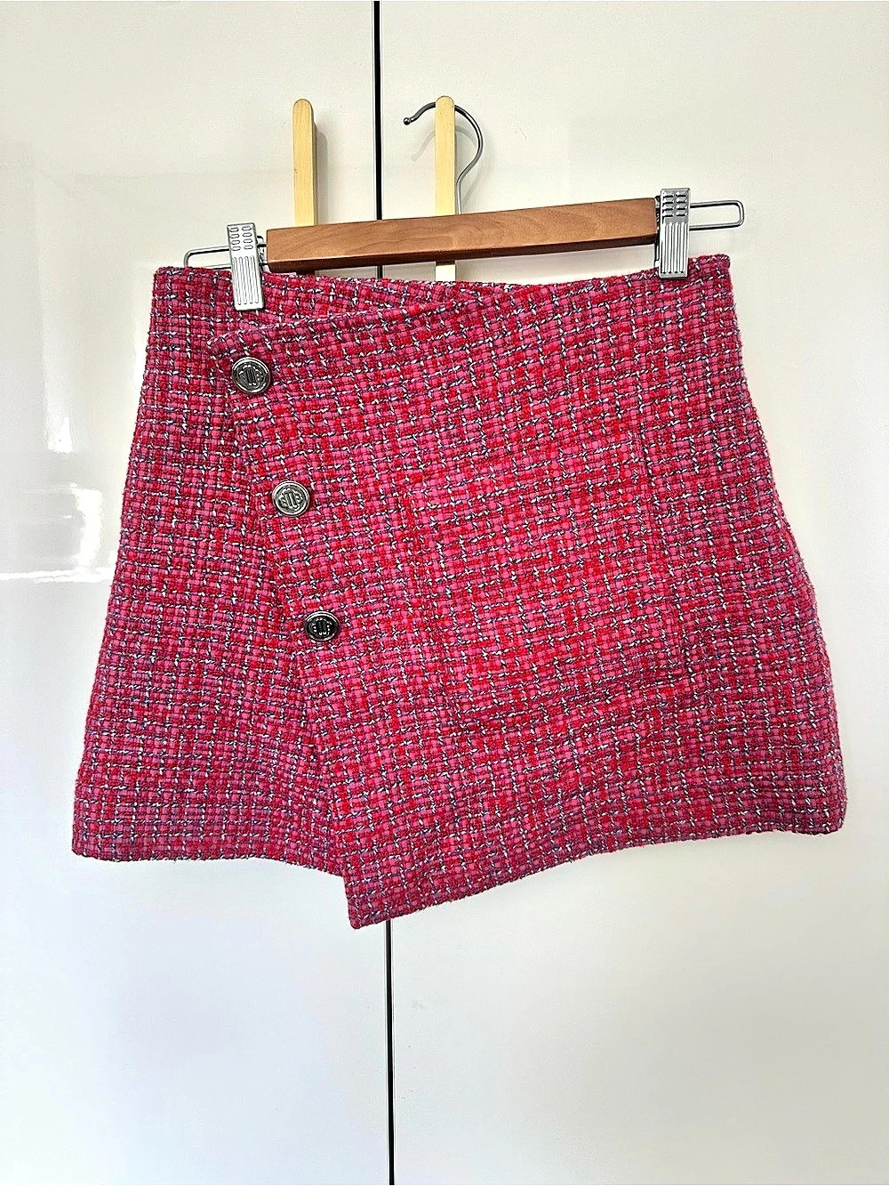 Maje Pink Red asymmetrical Tweed Wrap skirt small